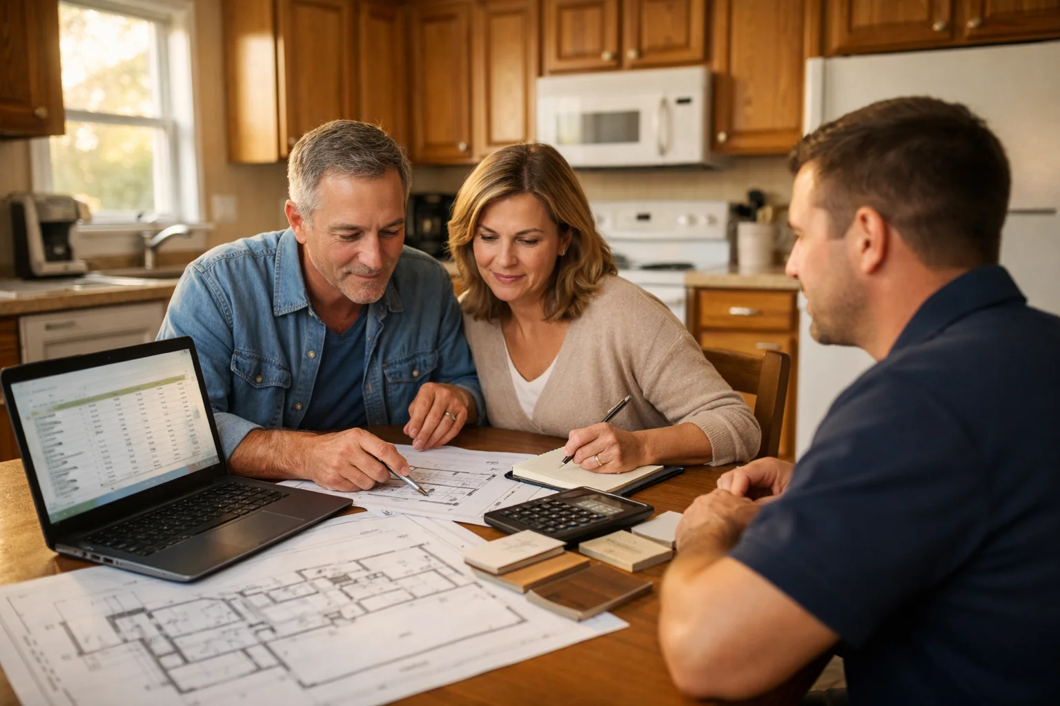 Homeowner reviewing renovation plans and budget spreadsheet at kitchen table with contractor