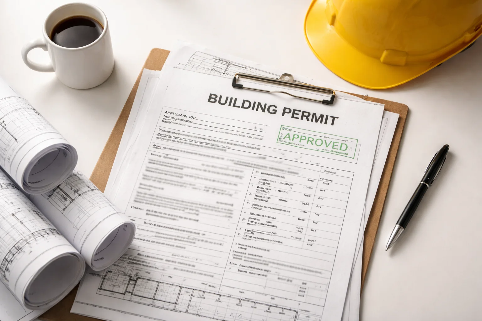 Approved building permit document on clipboard with architectural blueprints, hard hat, and coffee cup on desk