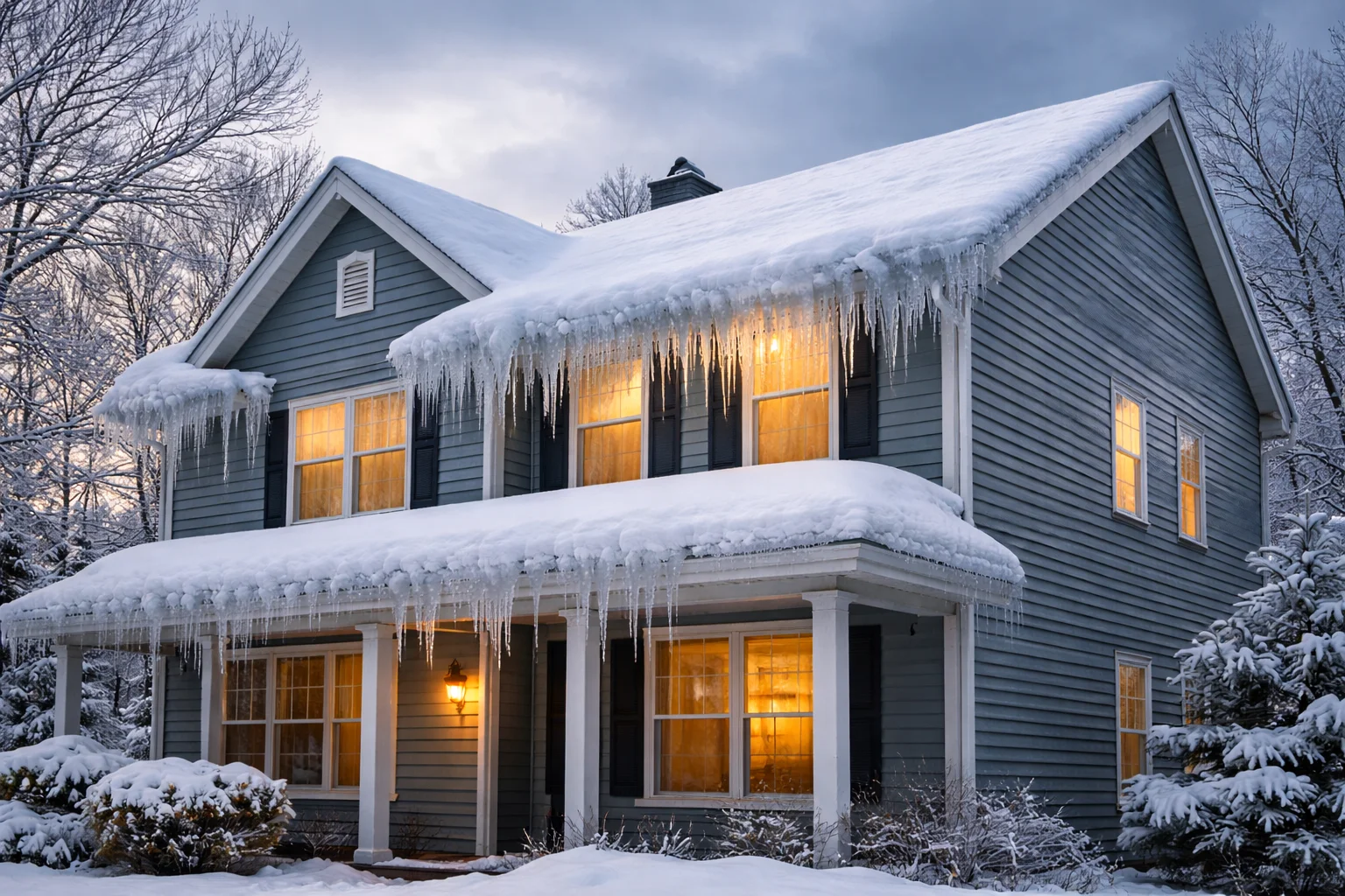 Thick ice dam formation along the eaves of an Omaha residential roof with icicles hanging from gutters after a winter storm
