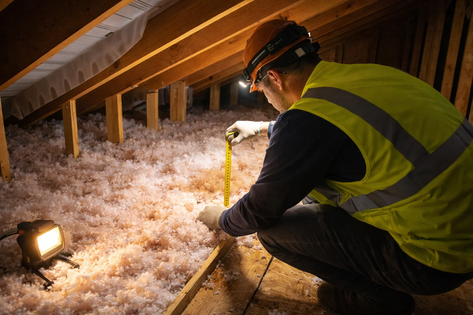Professional inspector checking attic insulation depth and coverage near roof rafters with flashlight during winter roof assessment