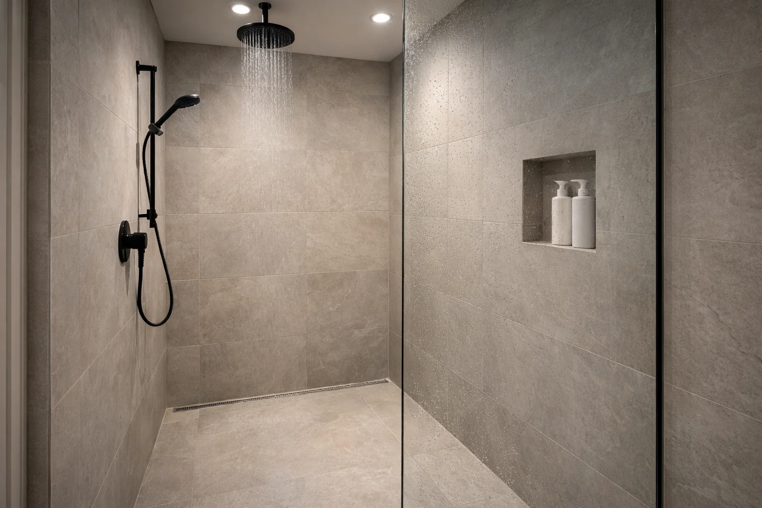 Modern curbless walk-in shower with large-format tile, linear drain, built-in bench, and brushed gold rain showerhead in a renovated Omaha bathroom