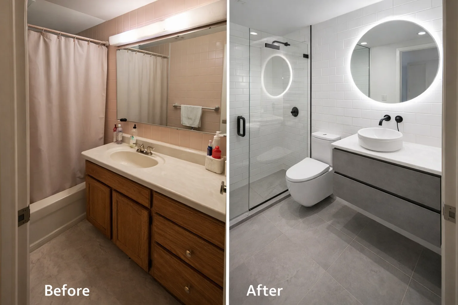 Before and after comparison of a small Omaha bathroom renovation showing a dated 5x8 space transformed with floating vanity, large-format tile, and modern lighting