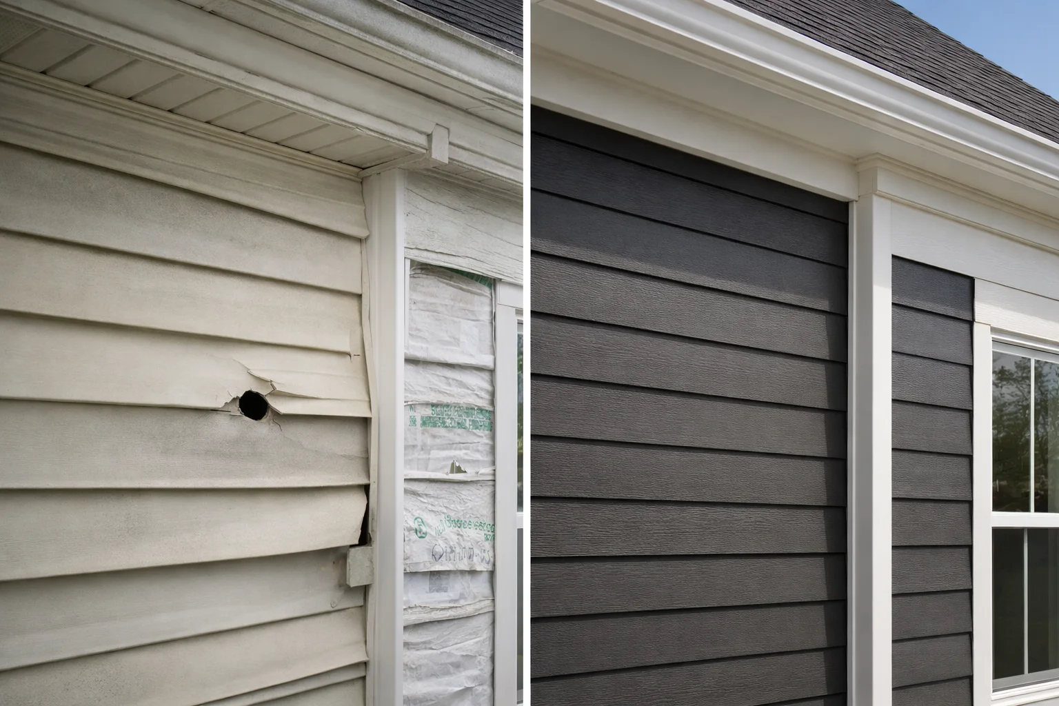 Close-up of damaged vinyl siding on an Omaha home showing warping and storm damage requiring professional assessment