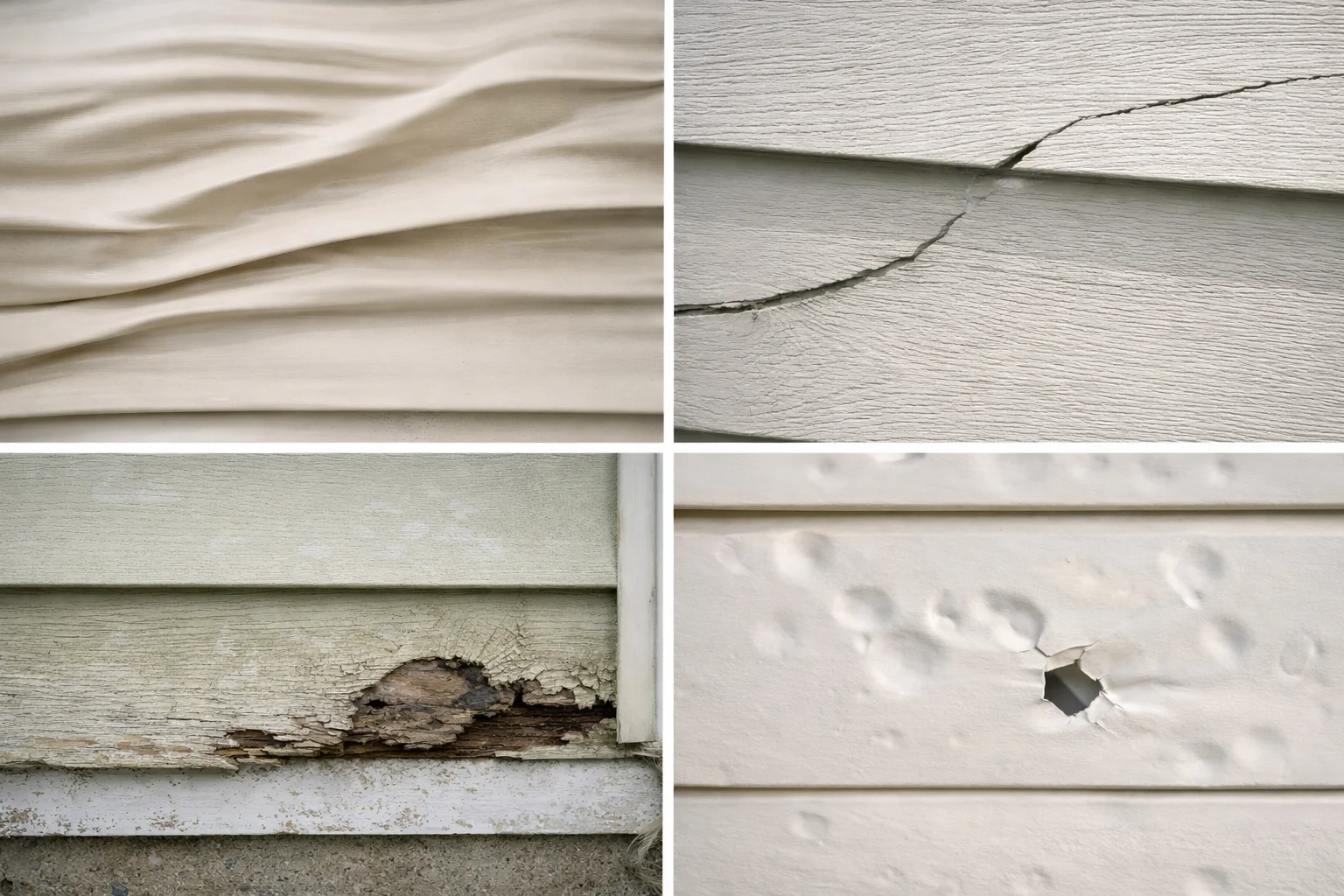 Examples of common siding damage on Omaha homes including warping, cracking, hail impact holes, and moisture-related deterioration