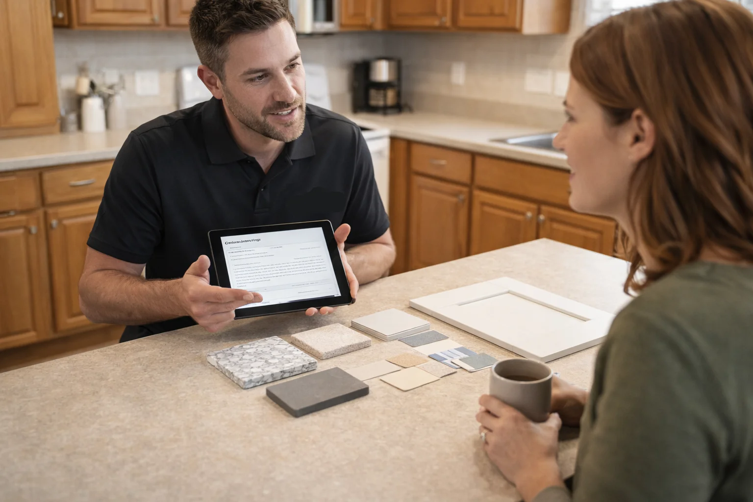 Homeowner and contractor reviewing payment schedule and project milestones at a table with renovation plans and documents