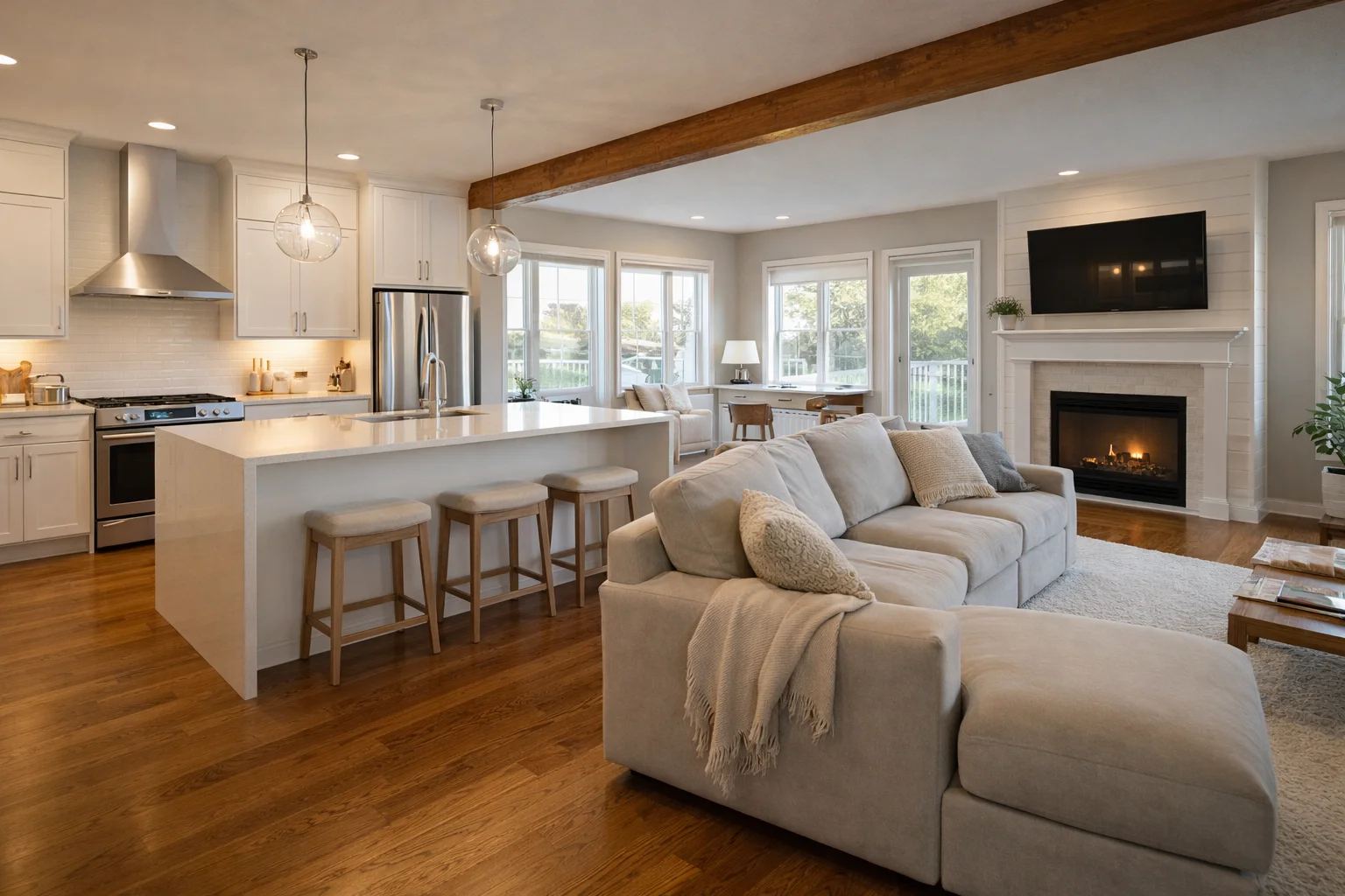 Omaha homeowner reviewing room-by-room renovation plans with contractor in a partially remodeled kitchen