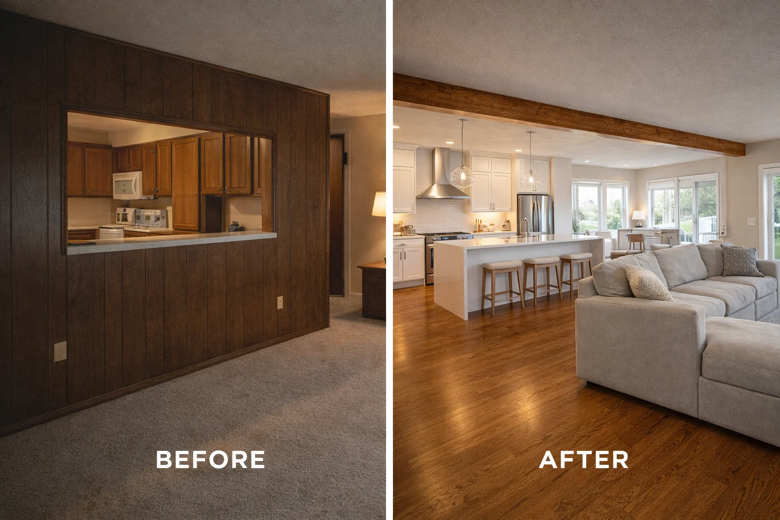 Before and after of an open-concept conversion in an Omaha home showing a load-bearing wall removed between kitchen and living room with structural beam installed