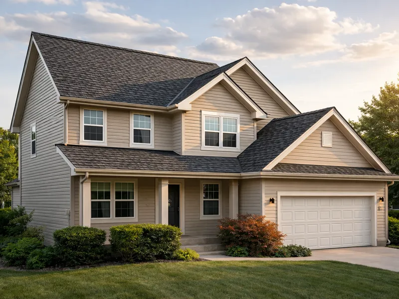 Completed asphalt shingle roof on two-story Midwestern suburban home