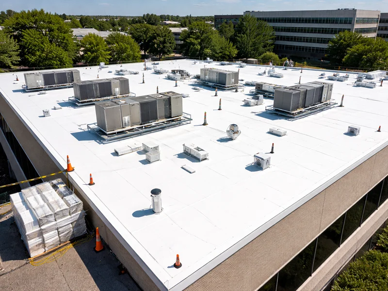 Large-scale commercial roofing installation with TPO membrane