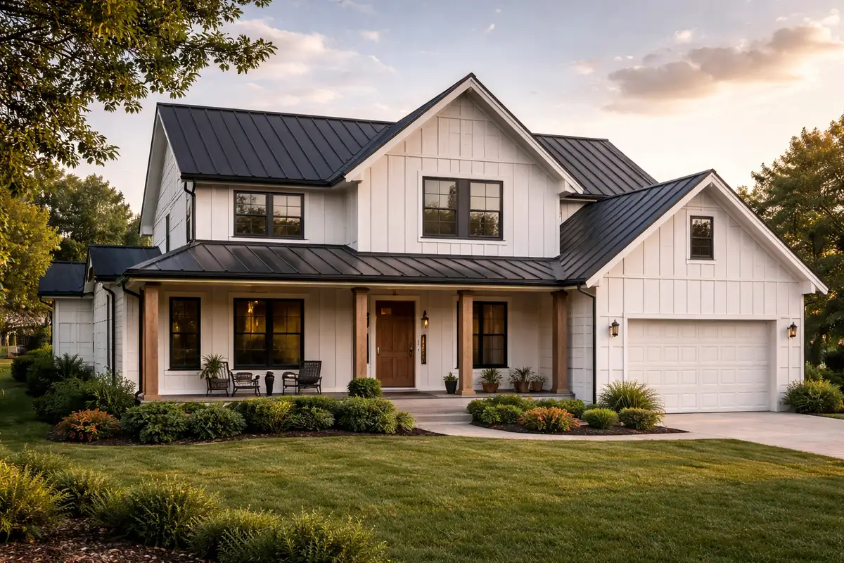 Modern farmhouse home with dark charcoal standing seam metal roof