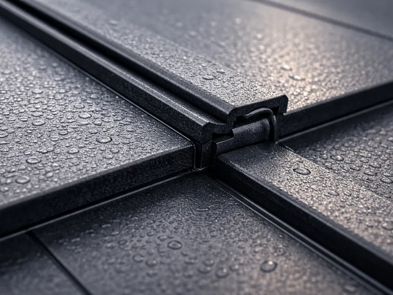 Close-up detail of standing seam metal roofing panels with hidden fastener system